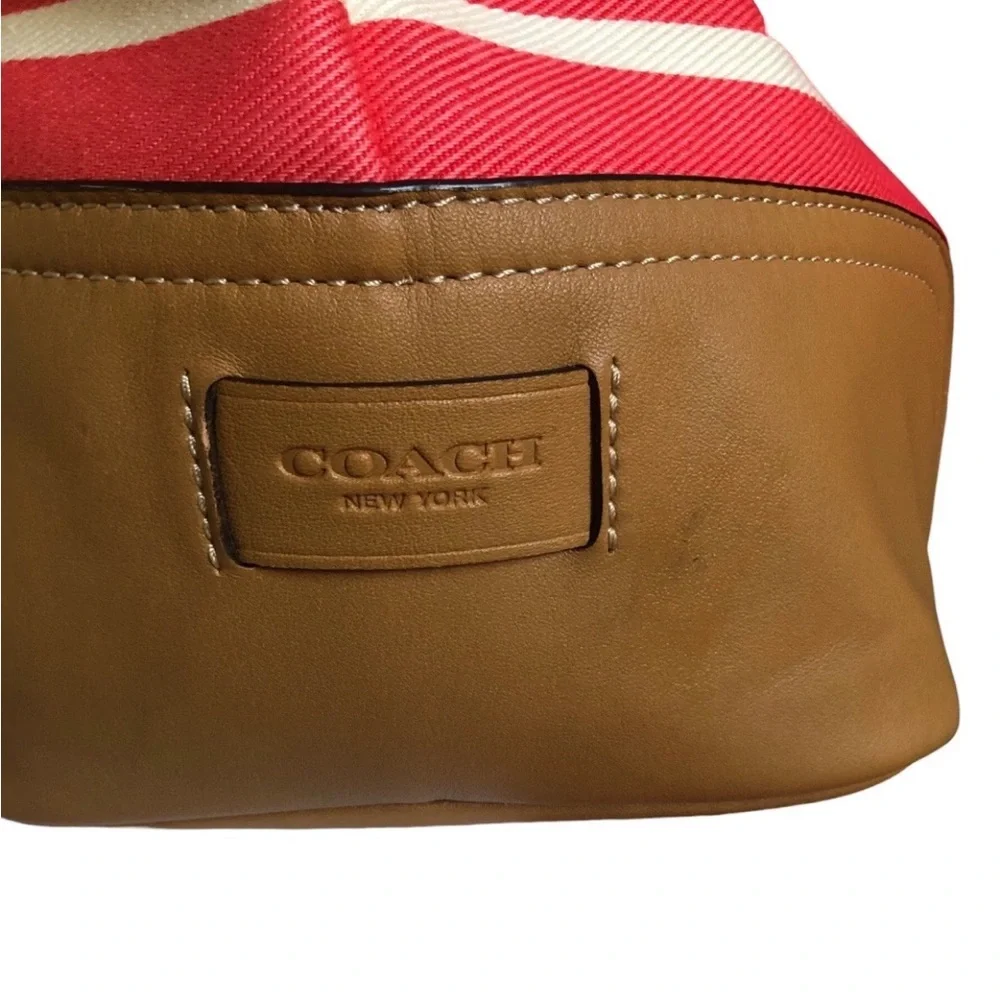 COACH Hadley Variegated Coral & Beige Striped Canvas Leather Duffel Tote Bag
